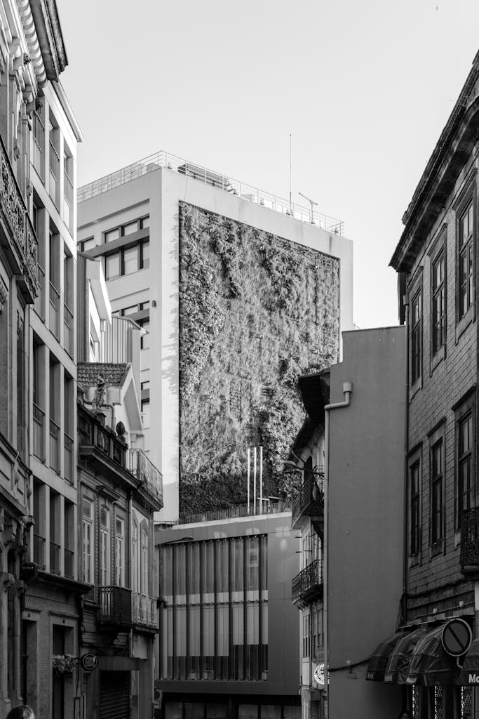 A black and white image of a modern vertical garden on a building in Porto, Portugal.