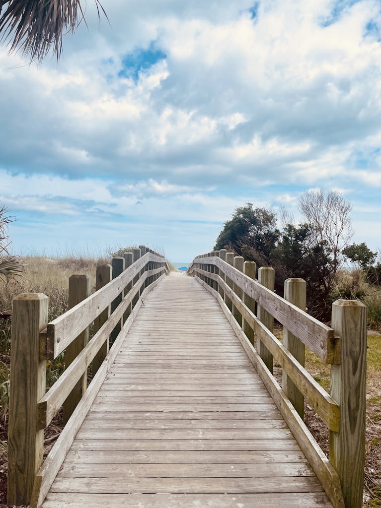 A scenic wooden footbridge leading to the ocean in North Myrtle Beach, South Carolina.