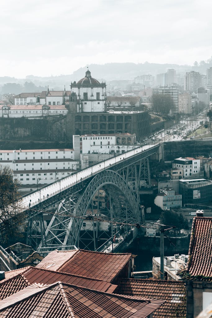 Scenic view of Ponte Dom Luís I spanning the Douro River in Porto, Portugal.