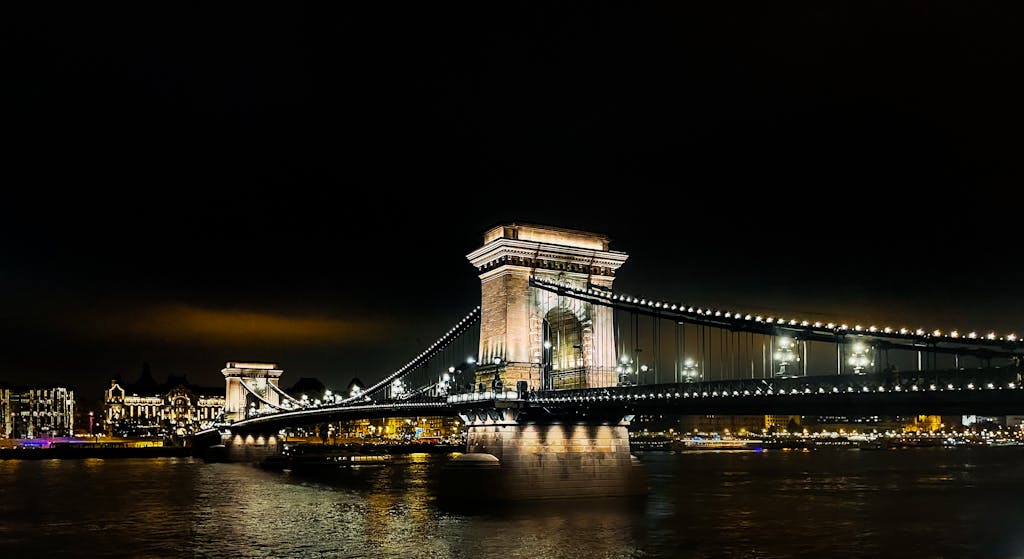 Stunning night view of Chain Bridge in Budapest, illuminated over the river.